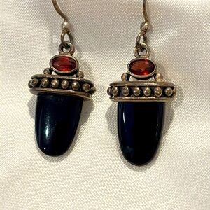Onyx and Red Garnet drop earrings in silver setting.
